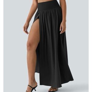 HALARA Black Maxi Skirt with High Side Slit and Elastic Waistband